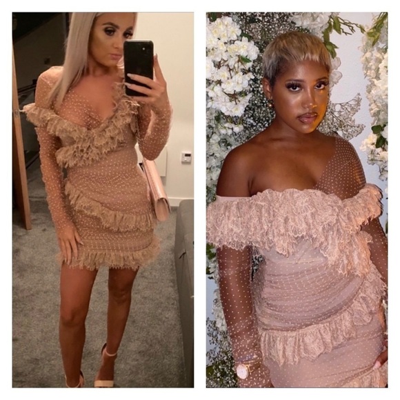 HOUSE OF CB Sorrel Blush Pink Off the Shoulder Lace Ruffle Mini Dress Large NWT - Picture 6 of 16